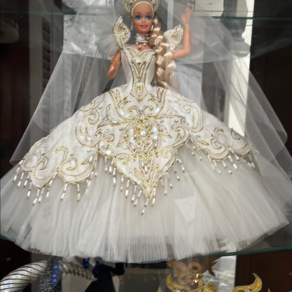 Elegant White and Gold Doll Gown